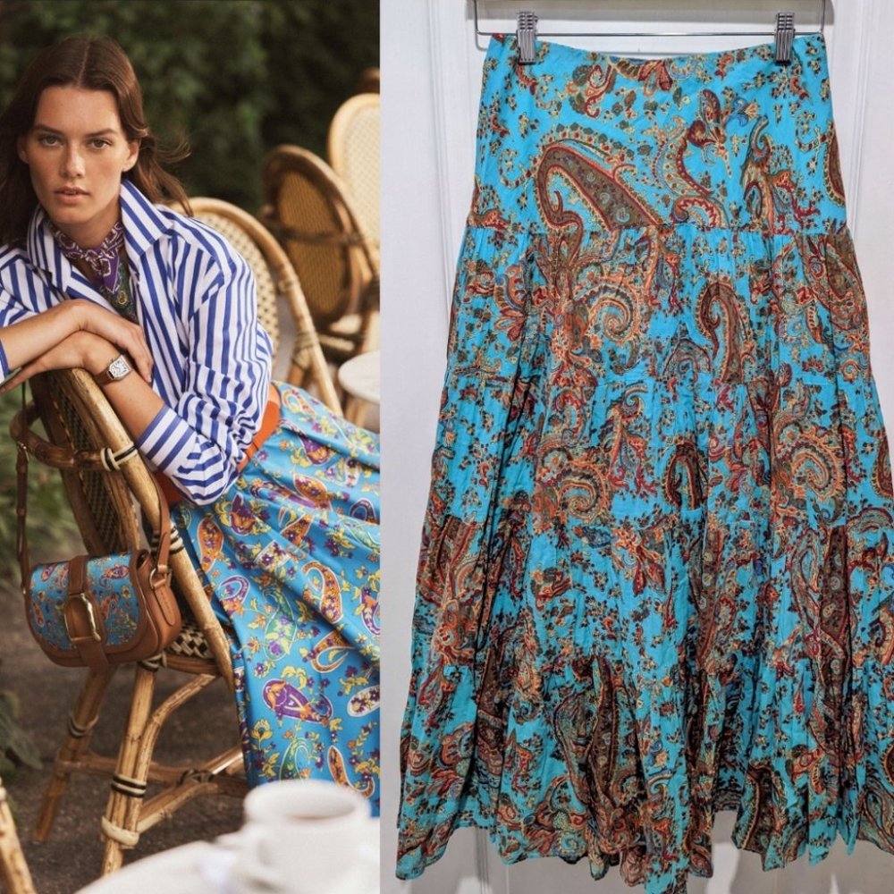 Lauren by Ralph Lauren | Moriah Paisley Print Broom Skirt in Turquoise